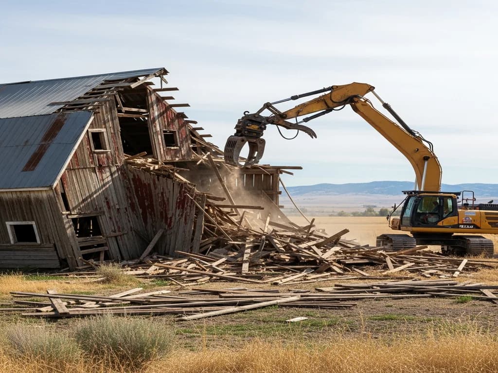 Excavator with a grapple tearing down a weathered wood barn, lumber scattered across a rural lot