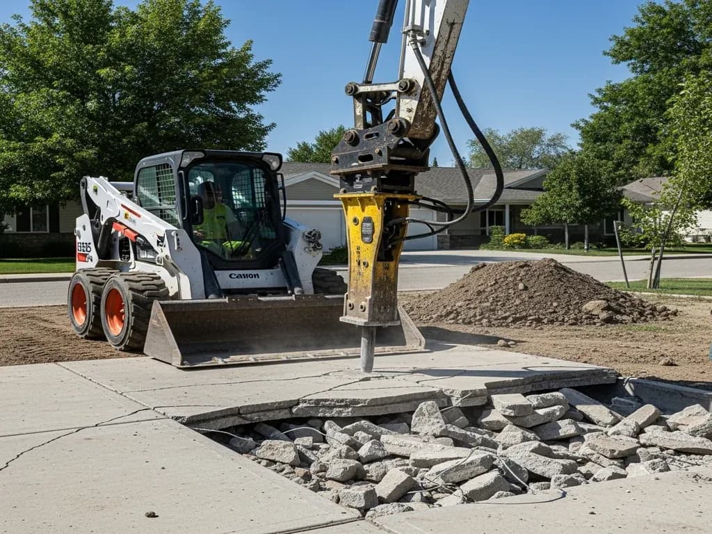 Skid steer with a hydraulic breaker removing a broken concrete driveway slab in a neighborhood