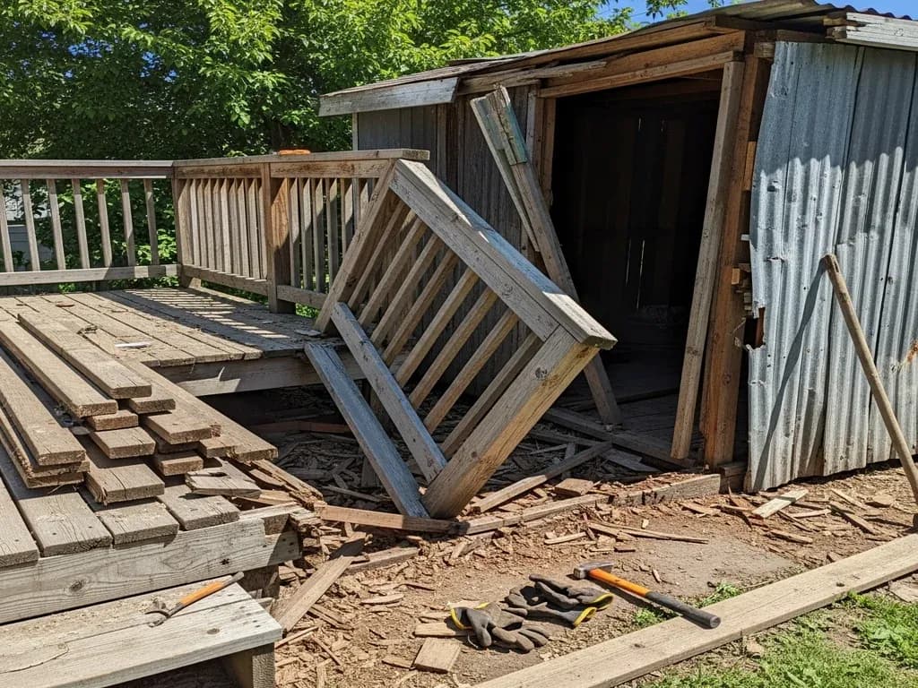 Wood deck and metal-sided shed torn out and stacked for haul-off in a backyard
