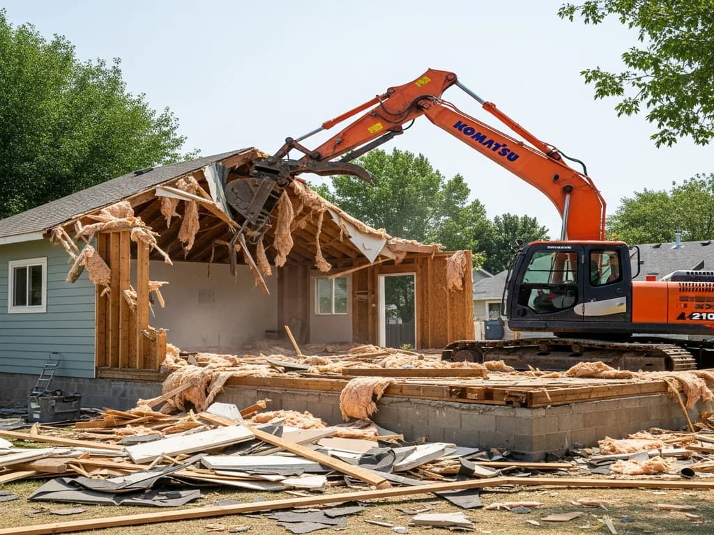 Excavator tearing down a detached garage beside a home with splintered wood debris below