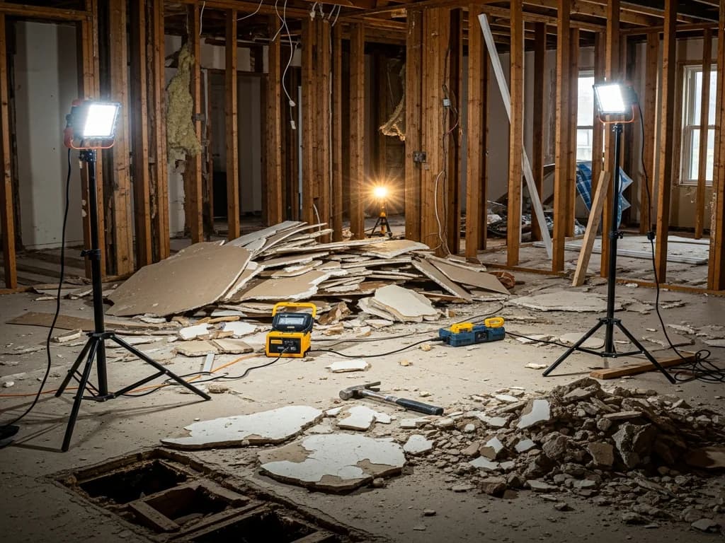 House interior stripped to the studs during selective demolition, work lights and debris on the floor