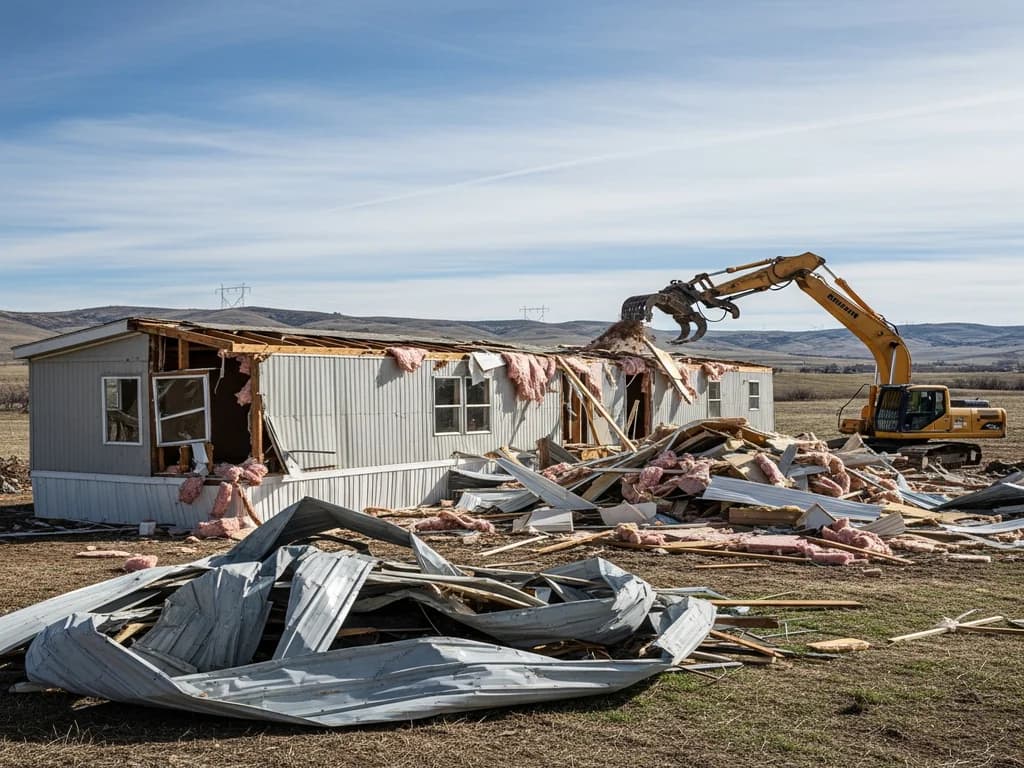 Excavator demolishing a single-wide mobile home on open ground with crushed metal siding in the foreground
