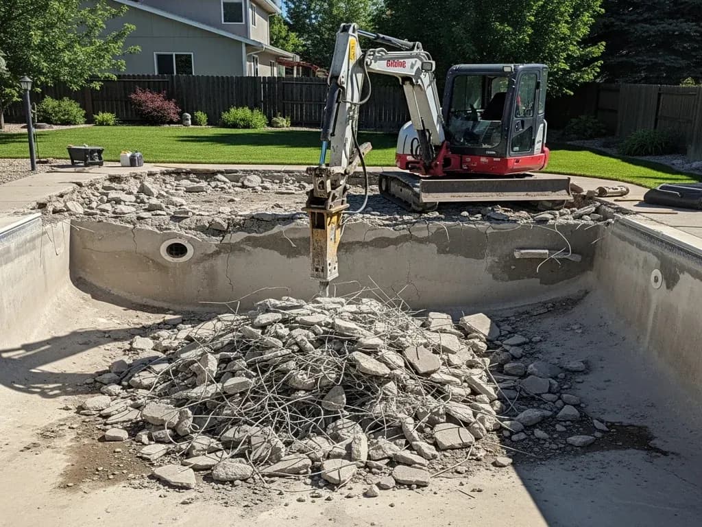 Mini excavator breaking up an in-ground concrete pool and backfilling the shell in a backyard