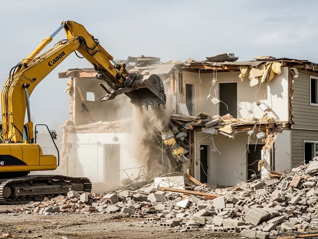 Excavator demolishing a two-story house down to rubble on a cleared residential lot