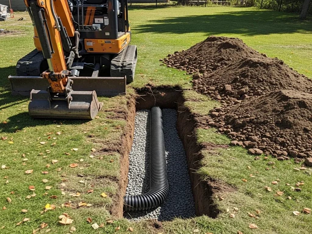 Mini excavator laying black corrugated French-drain pipe in a trench across a green lawn