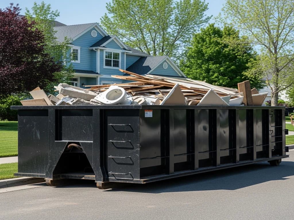 Black roll-off dumpster filled with wood demolition debris parked at the curb of a suburban home