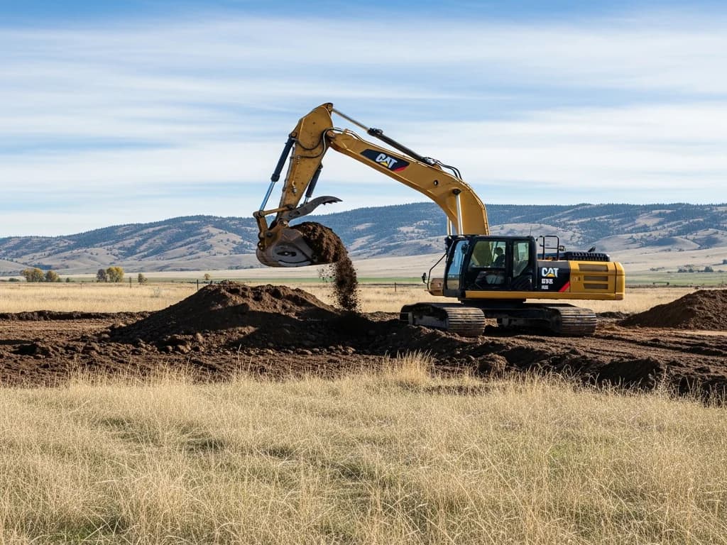 Excavator cutting and moving soil to grade across an open field with foothills in the distance