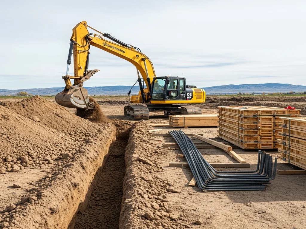 Excavator digging a foundation footing trench with rebar and lumber staged alongside