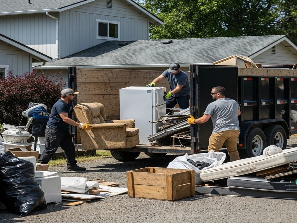 Crew loading furniture, appliances, and construction debris into a haul-off dump trailer in a driveway